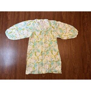 Le Raganne Floral Watercolor Linen V-Neck Tunic Dress Balloon Sleeve Italy Sz M
